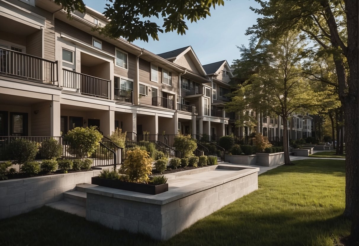 A condo complex with shared amenities contrasts with a row of townhouses with individual entrances and private outdoor spaces