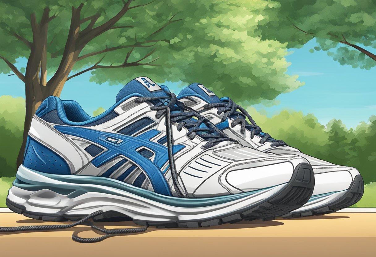 A pair of running shoes and a stopwatch sit on a track, surrounded by trees and a clear blue sky