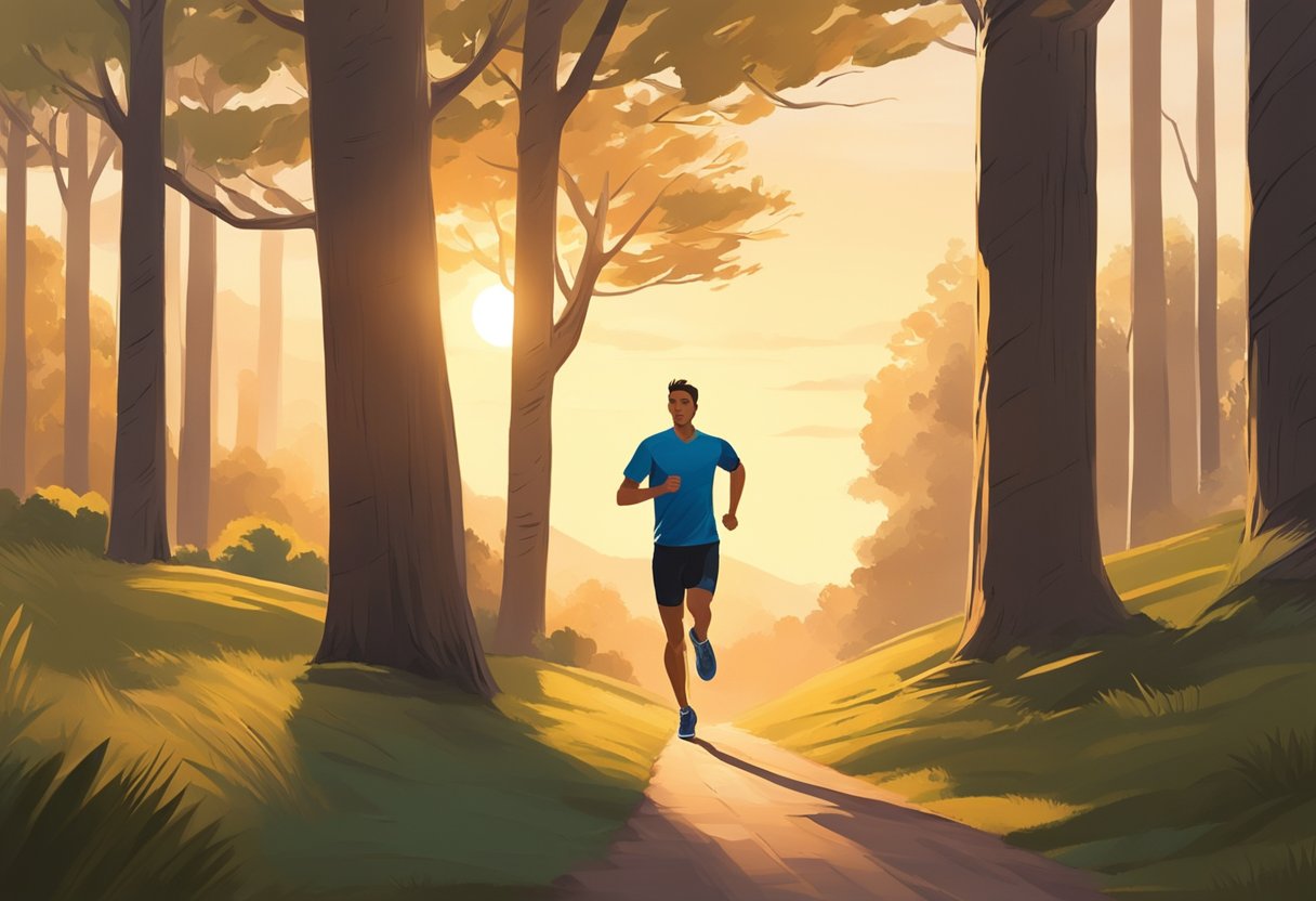 A runner sprints along a tree-lined trail, their form strong and focused. The sun sets in the distance, casting a warm glow over the scene