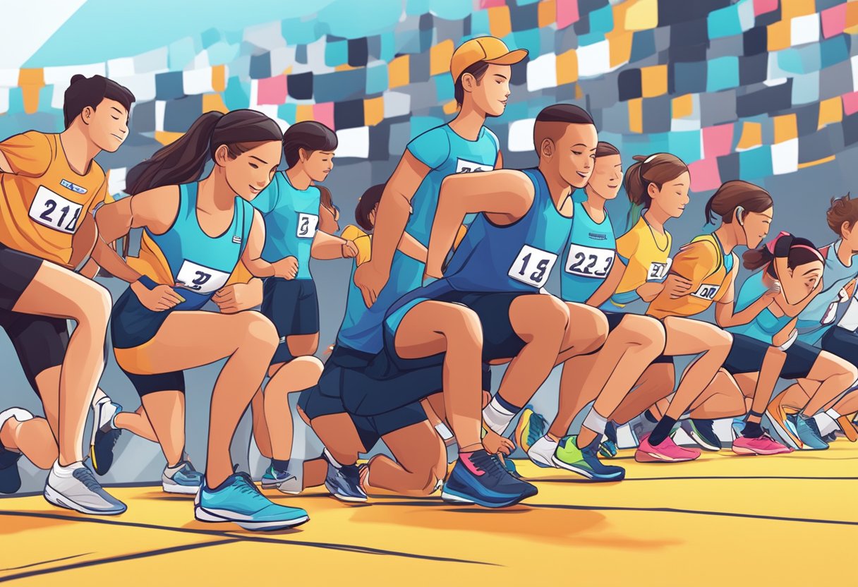 Runners stretching, tying shoelaces, and adjusting headphones at a starting line with a countdown clock and cheering crowd in the background