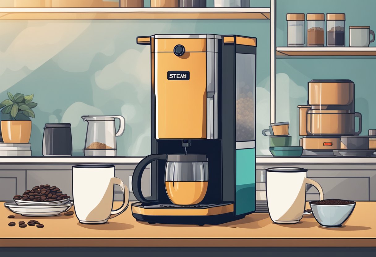 Steam rises from a mug of instant coffee as a sleek, modern coffee maker sits nearby. A stack of innovative coffee pods and a variety of flavor options are displayed on the counter