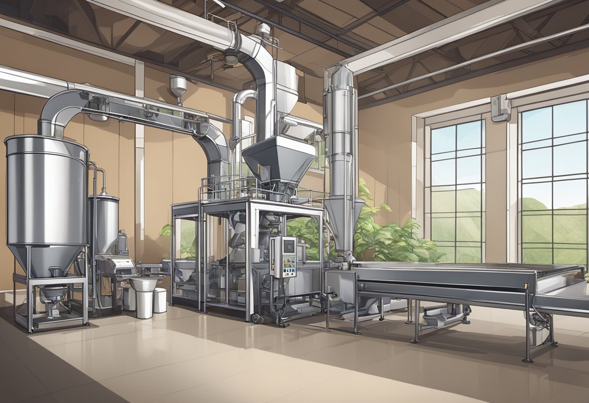 Machines process coffee beans into instant powder. Robotic arms and conveyor belts aid in packaging and distribution