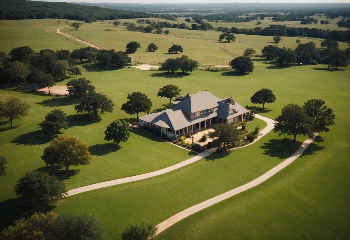 Aerial view of Texas property with rolling hills, green pastures, and a farmhouse