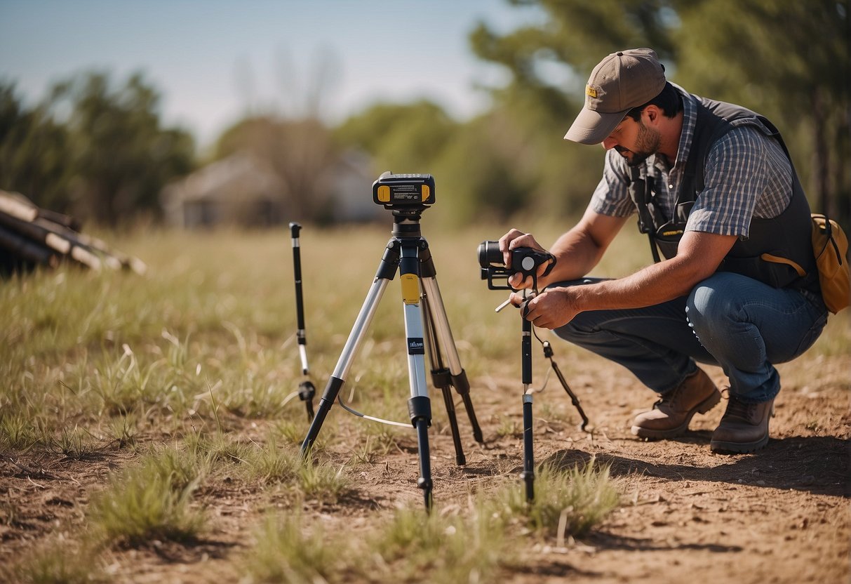 A surveyor measuring property lines in Texas with equipment and markers