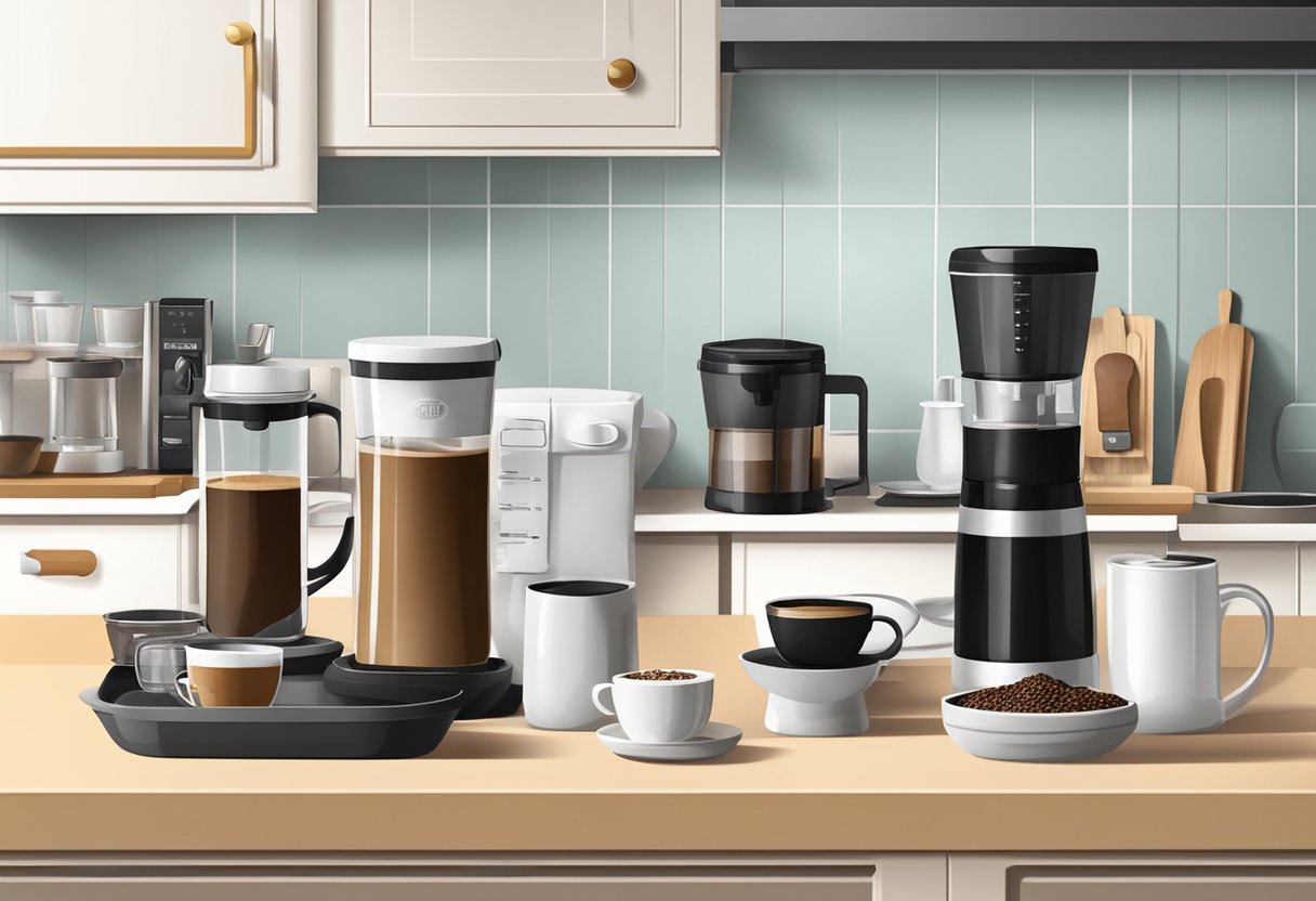A modern kitchen counter with various instant coffee products and accessories neatly organized for easy access and usage