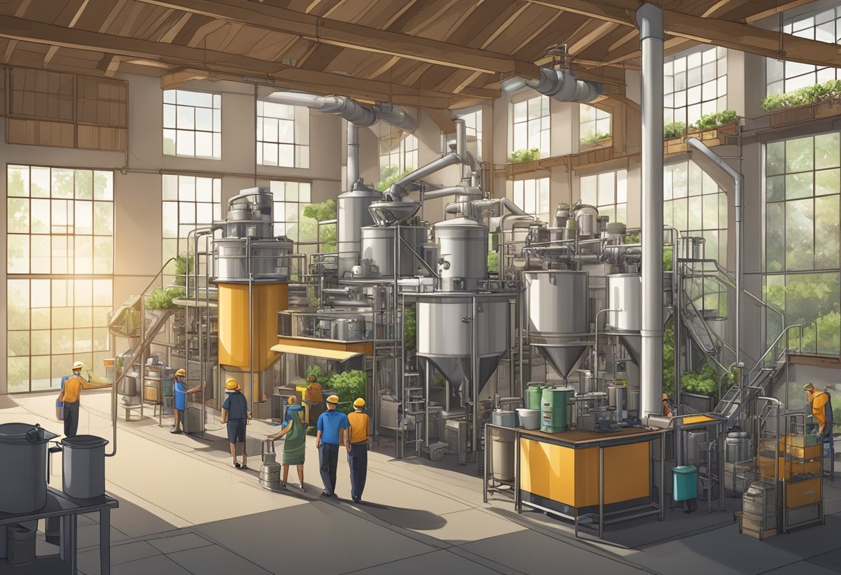 A bustling coffee factory with modern equipment and eco-friendly practices. Recyclable packaging and energy-efficient machinery showcase sustainability and environmental concerns in instant coffee production
