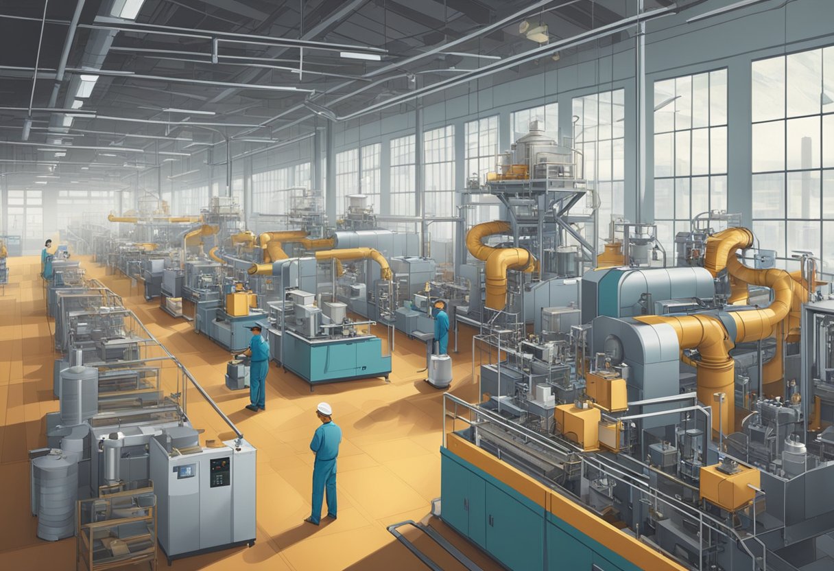 A bustling factory floor with modern machinery producing instant coffee. Workers monitor quality control and efficiency. Global flags adorn the walls, symbolizing the widespread influence of instant coffee innovations