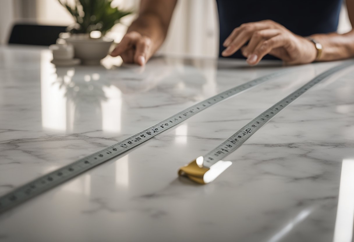 A hand reaches for measuring tape beside a marble dining table in a showroom. Dimensions are compared, ensuring the right size is selected