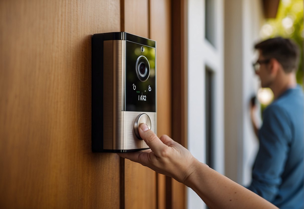 The ring doorbell is mounted on the wall next to the front door. A person is adjusting the settings on the doorbell using a smartphone app
