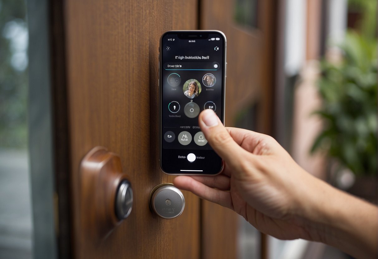 A person stands in front of a mounted ring doorbell, holding a smartphone. The doorbell is already installed, and the person is following instructions to set it up