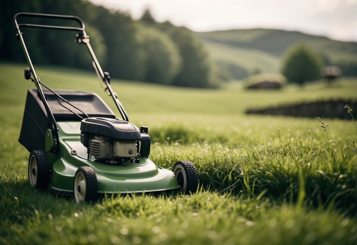 A lawnmower cutting through green grass in a rural Irish landscape