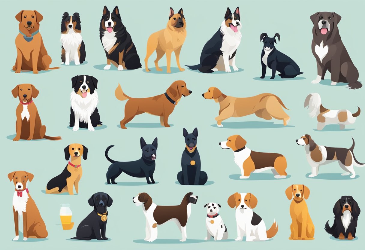 A variety of dog breeds with different needs being cared for in unique ways: grooming, exercise, and attention tailored to each breed's specific requirements