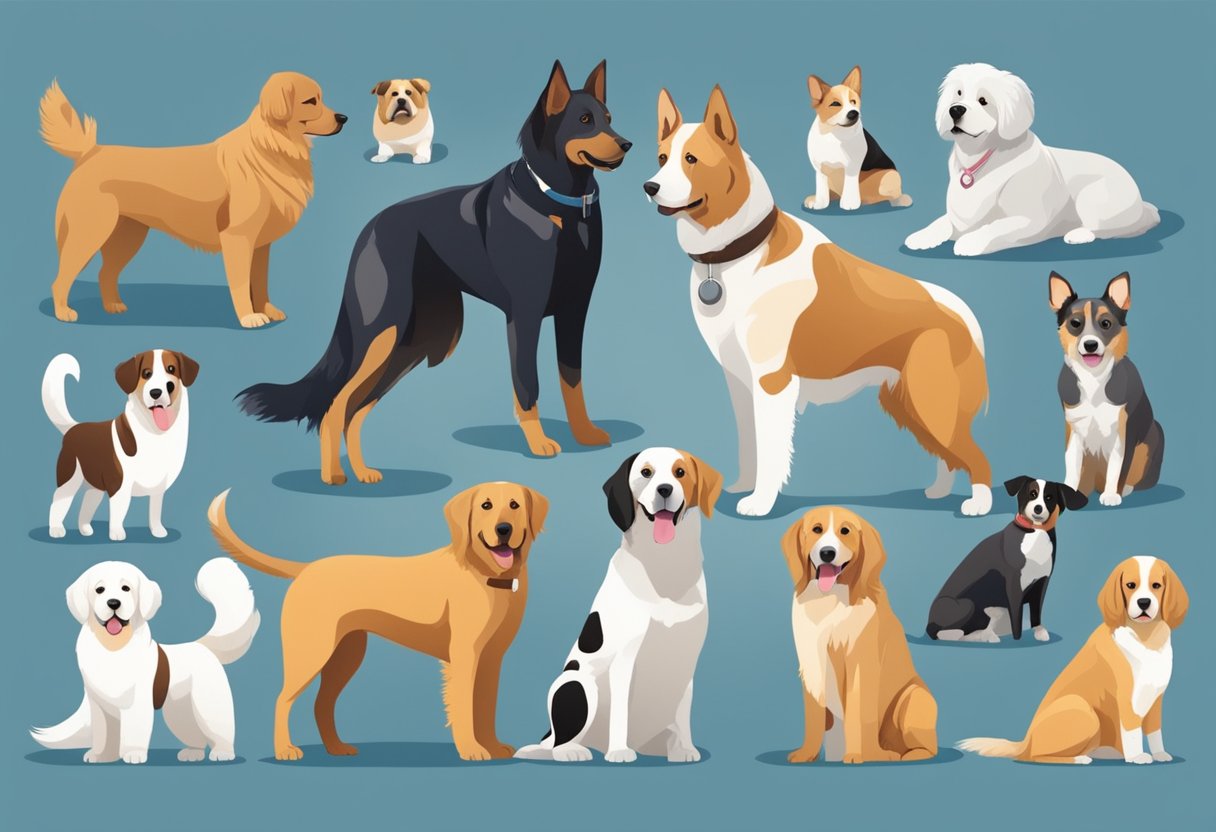 A variety of dog breeds with different physical and behavioral needs, such as size, energy levels, and grooming requirements, being cared for in unique ways