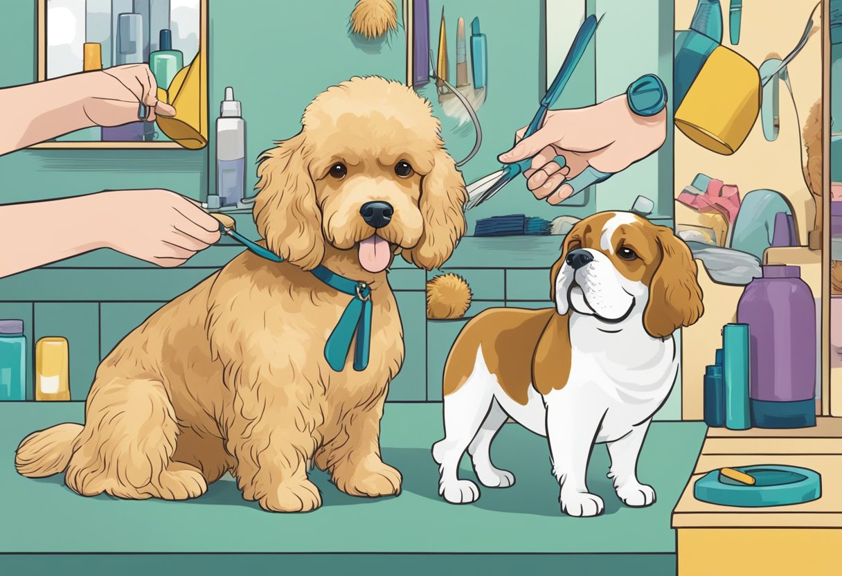 A poodle getting a haircut, a golden retriever being brushed, and a bulldog getting its nails trimmed. Each dog's specific grooming needs are being attended to with care