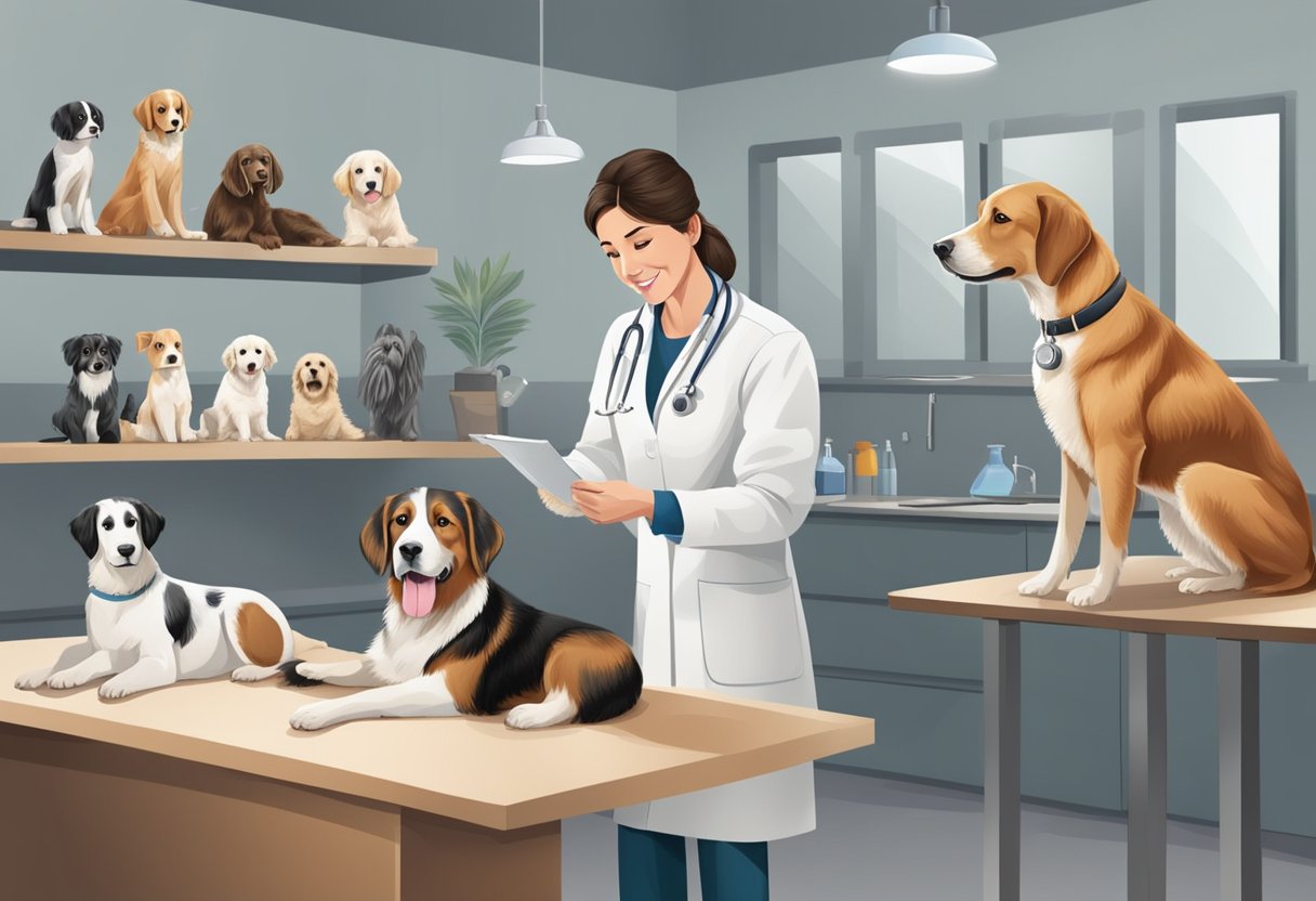 A veterinarian examines various dog breeds, providing tailored care for specific needs, while monitoring their health