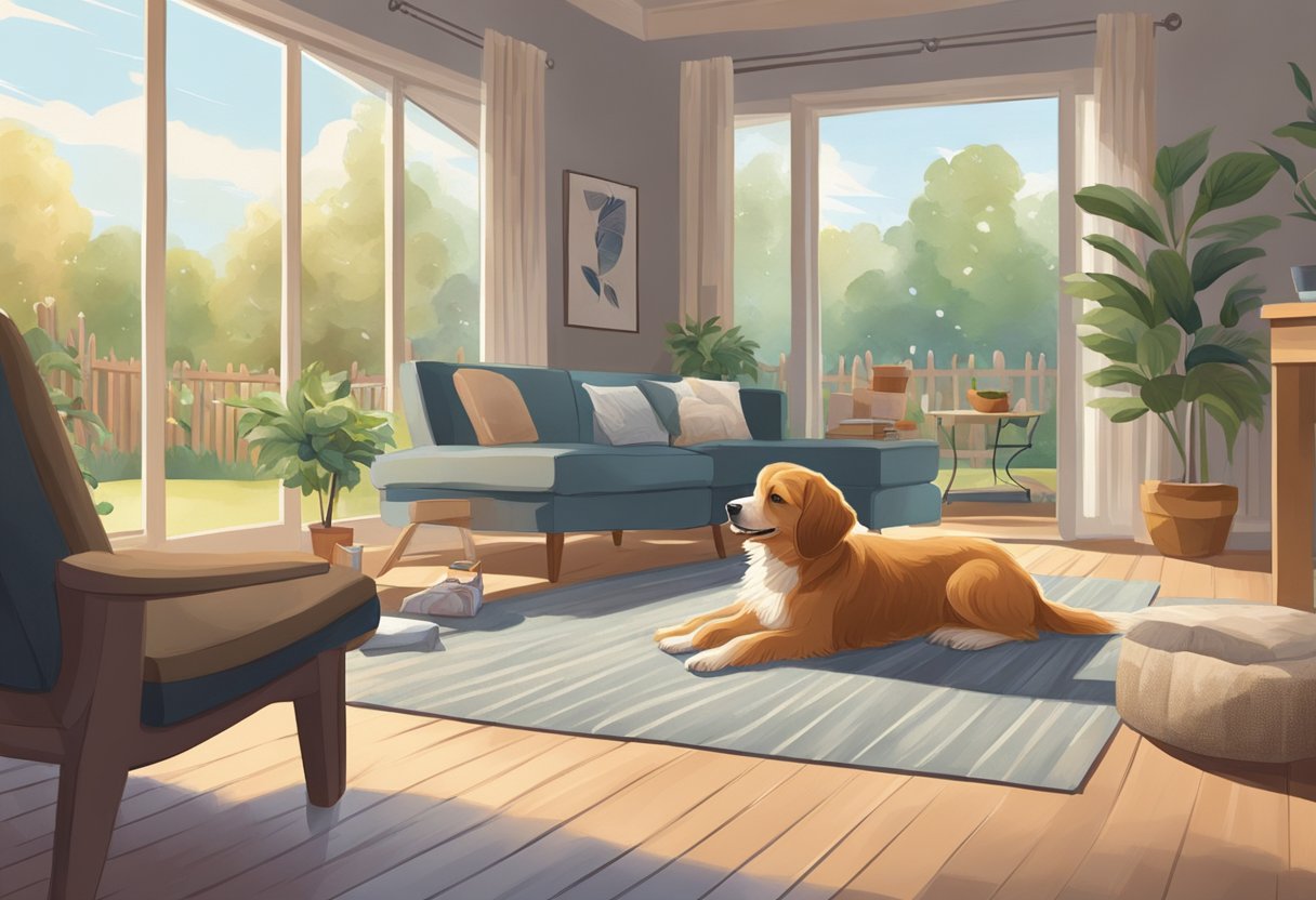 A small, energetic dog plays in a spacious backyard while a calm, larger dog lounges in a cozy living room