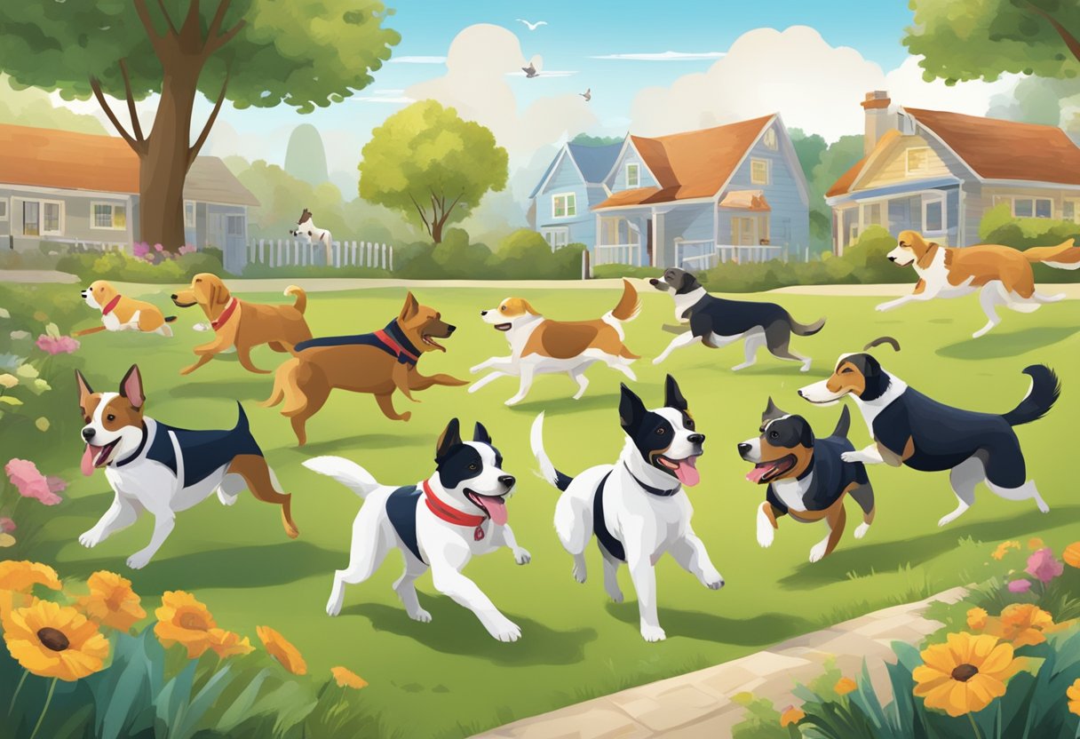 A lively scene with various dogs engaged in different activities, such as running, playing, and lounging, to represent different lifestyles and activity levels