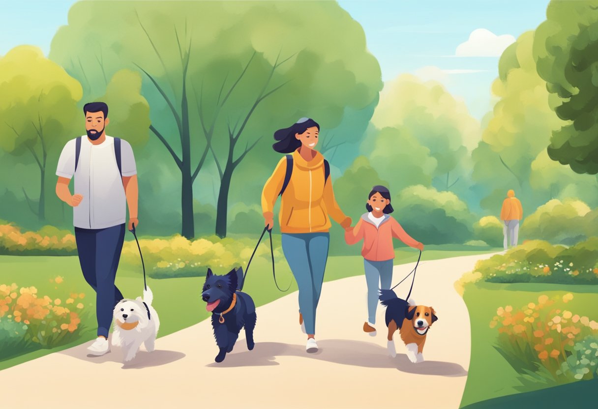 A family walks through a park with a small, energetic dog. The dog eagerly runs and plays, matching the family's active lifestyle