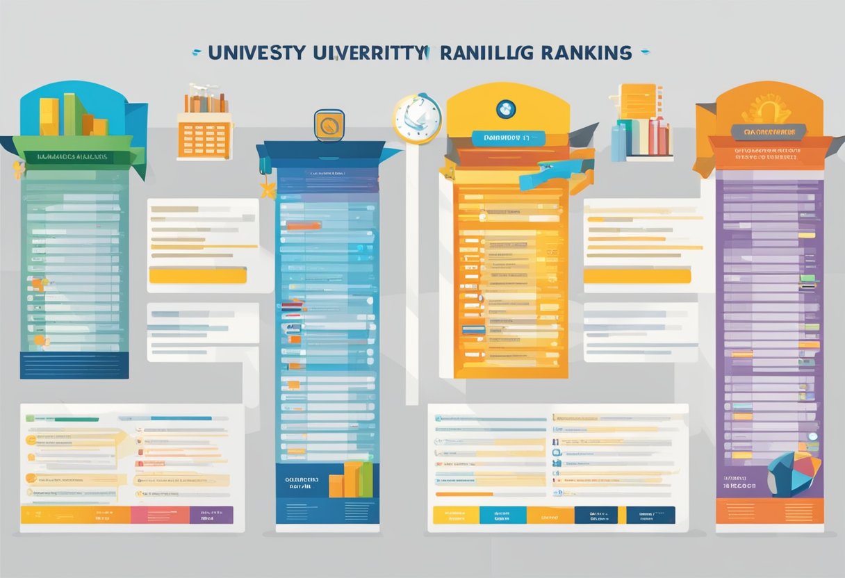 University rankings prominently displayed in a decision-making process. Rankings are visually emphasized with bold fonts and bright colors, surrounded by symbols of academic excellence