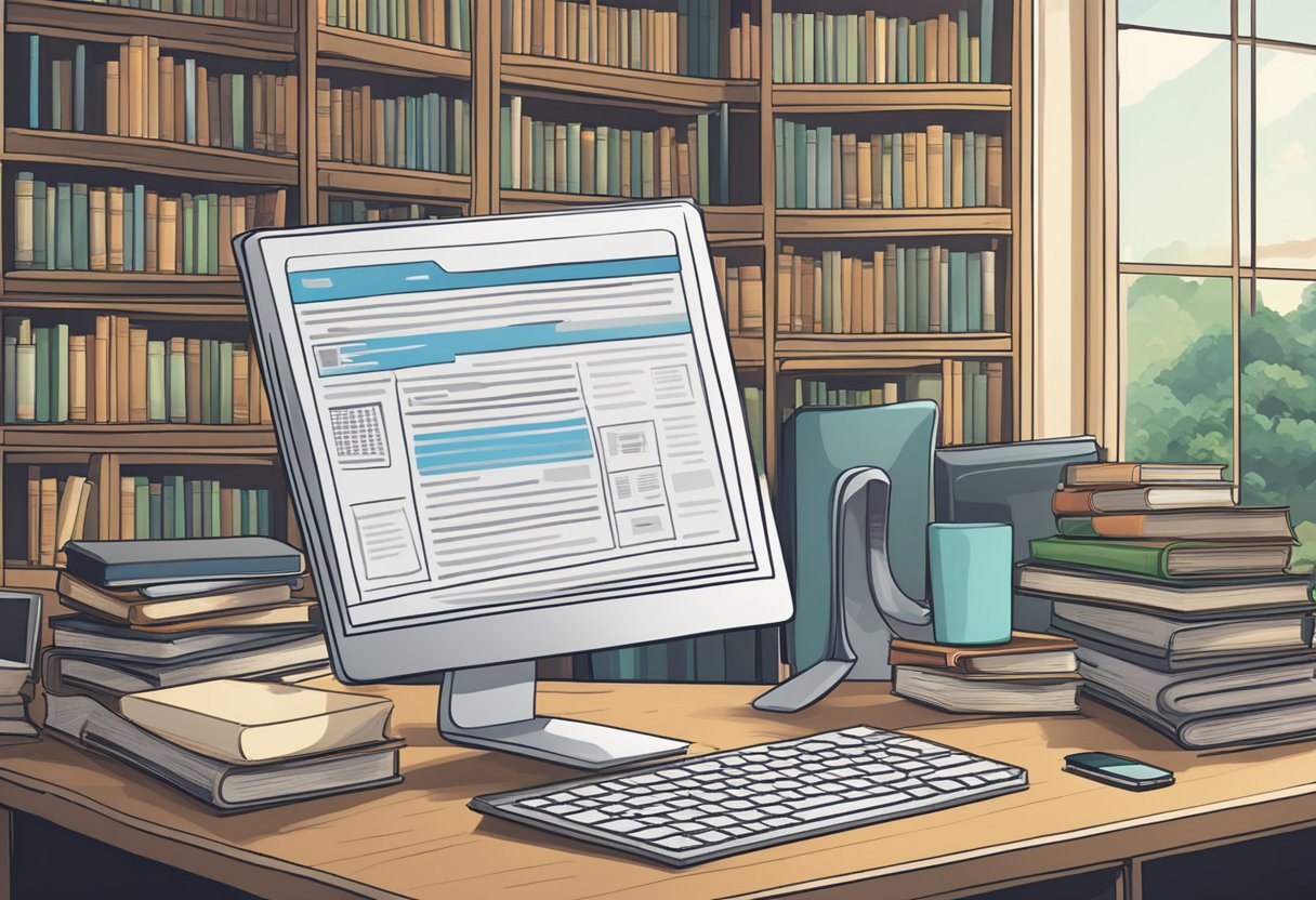 A table with various university rankings displayed on a computer screen, surrounded by books and academic journals