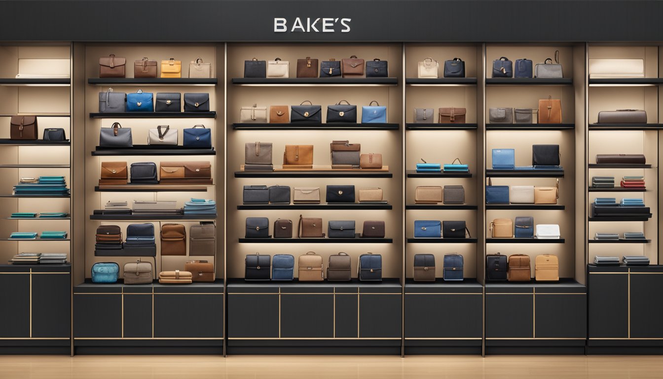 A collection of men's wallet brands displayed on a sleek, modern store shelf in Singapore