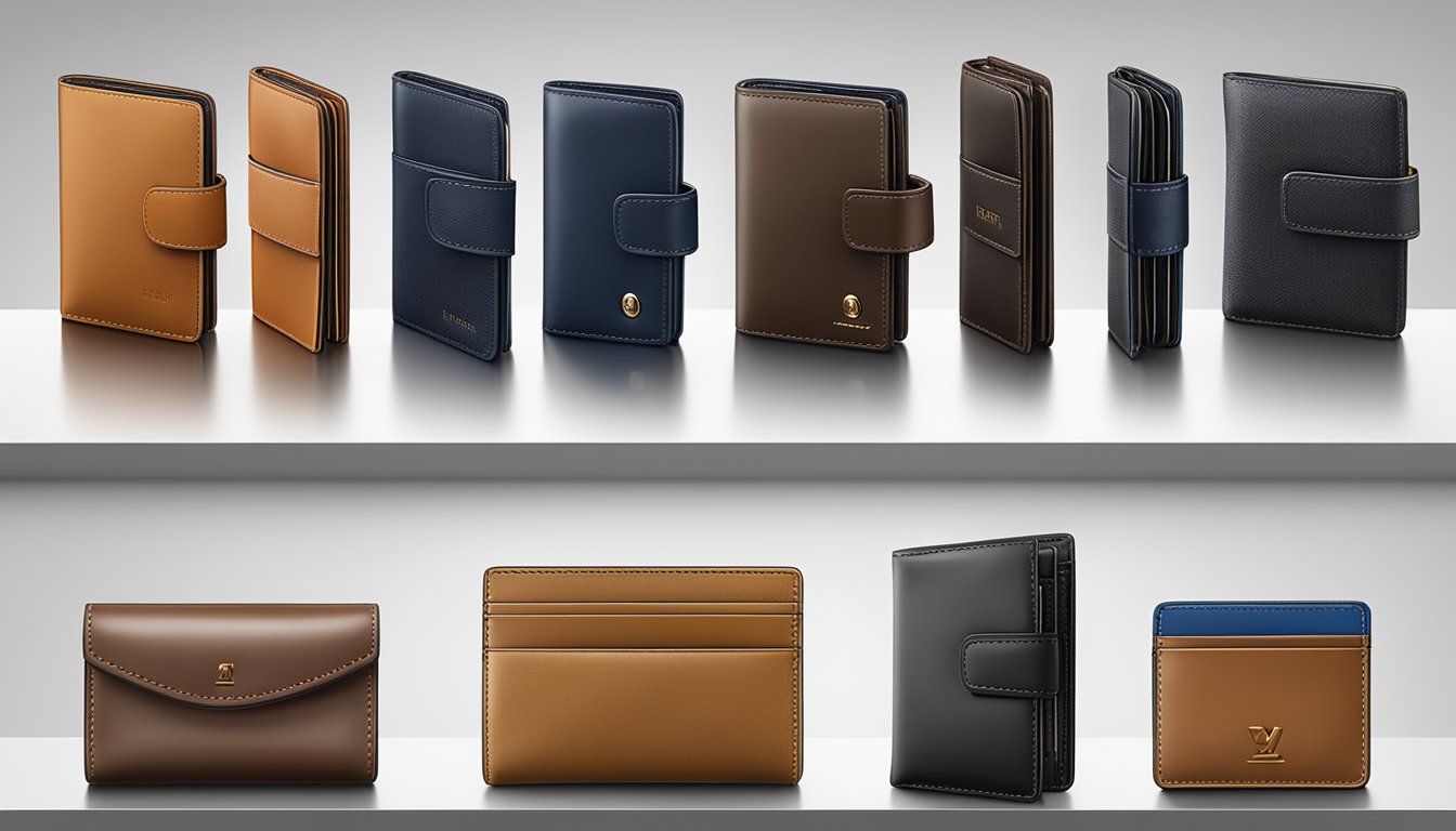 A display of top men's wallet brands in Singapore, arranged neatly with various styles and colors, showcasing the finest craftsmanship and quality materials