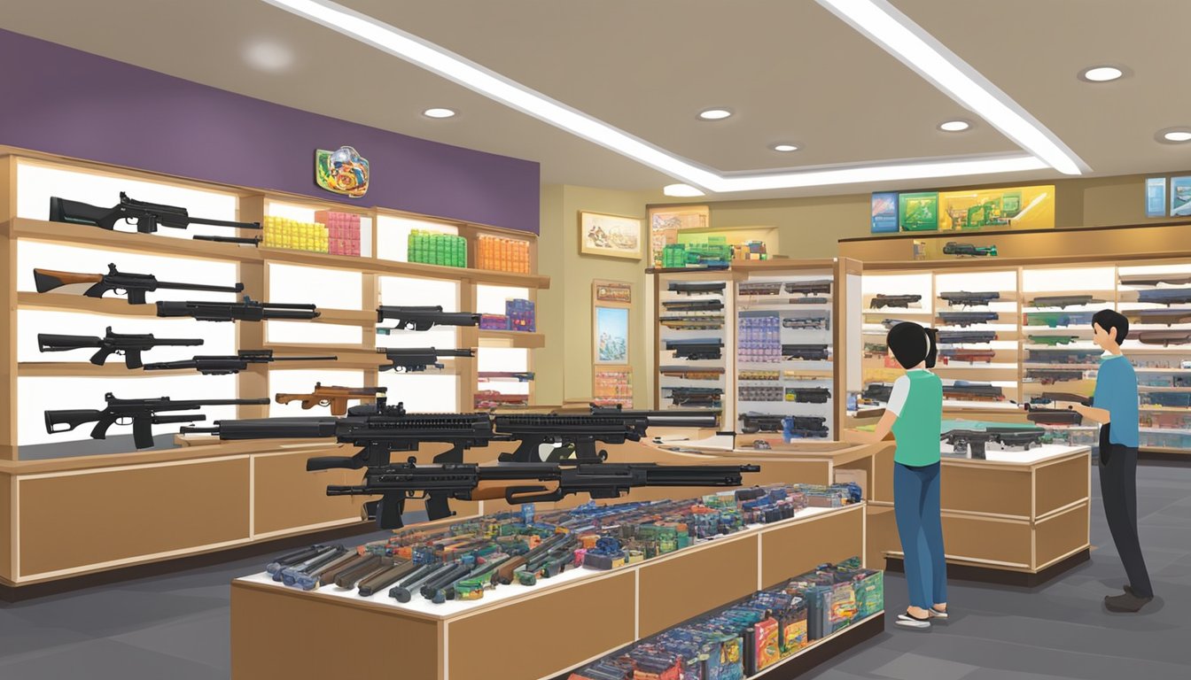A display of BB guns in a Singaporean store, with various models and accessories neatly arranged on shelves. The store is well-lit and inviting, with a knowledgeable staff member assisting a customer