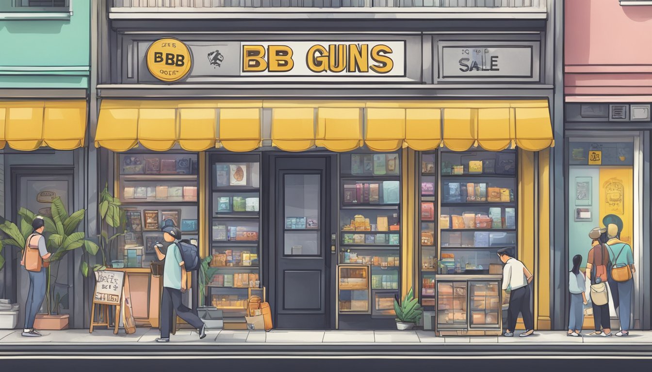 A storefront with a sign reading "BB Guns for Sale" in Singapore. Customers browsing and asking questions to a salesperson