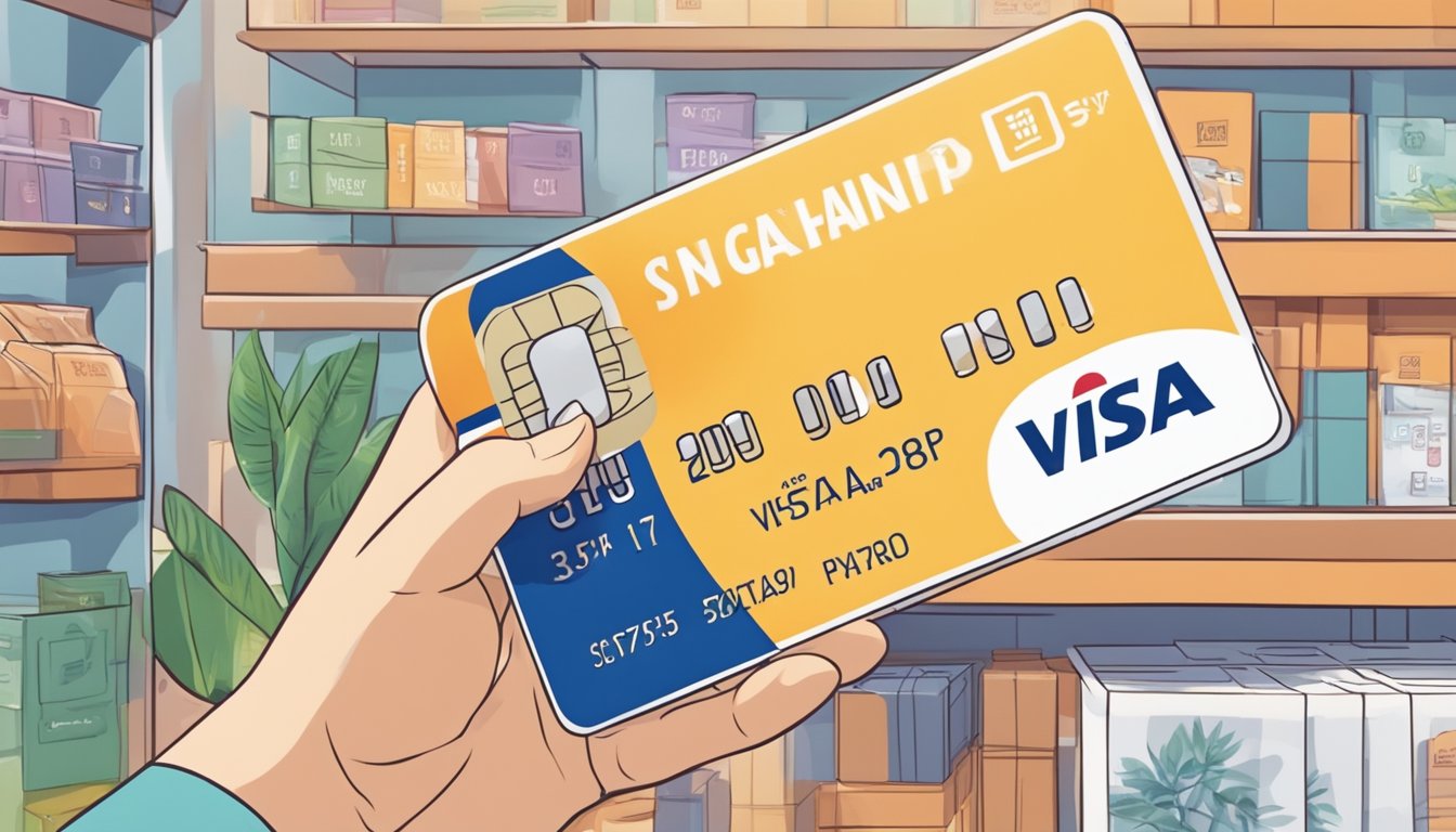 A hand reaches for a Visa gift card in a Singaporean store