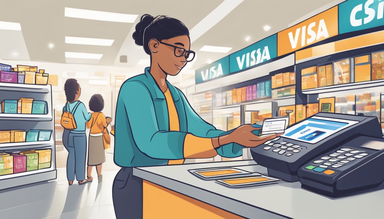 A customer swipes a credit card at a retail counter, selecting a Visa gift card from a display. The cashier scans the card and hands it to the customer with a receipt