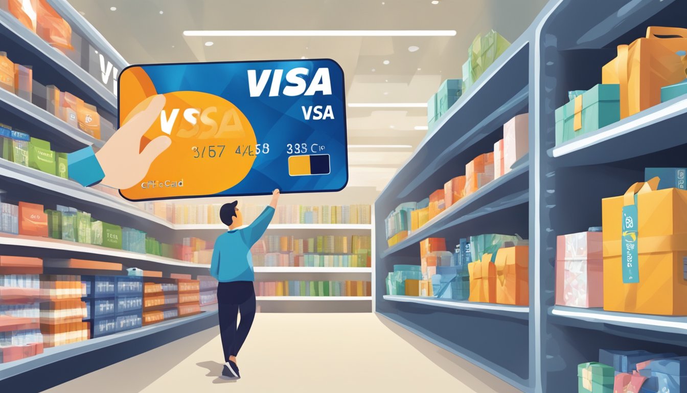 A hand reaching for a Visa gift card displayed on a store shelf. The card is prominently labeled with the Visa logo and "Gift Card" in bold letters