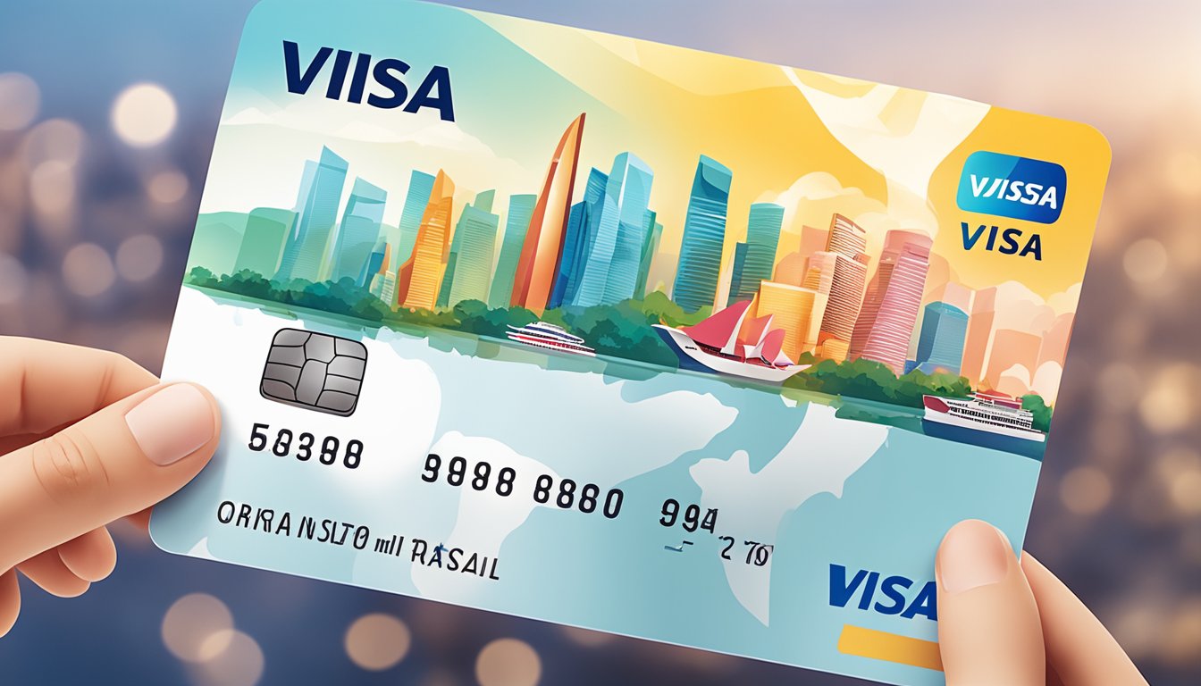 A hand holding a Visa gift card with a Singapore skyline in the background