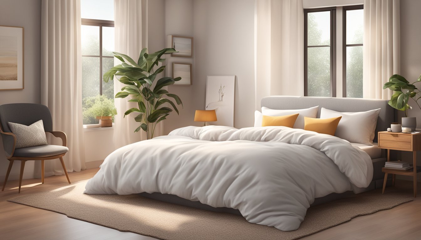 A cozy bedroom with a fluffy, white duvet on a neatly made bed, surrounded by soft, matching pillows and a warm, inviting ambiance