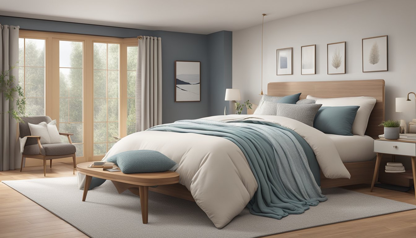 A cozy bedroom setting with various duvet types and materials spread out for comparison, including down, synthetic, and wool options