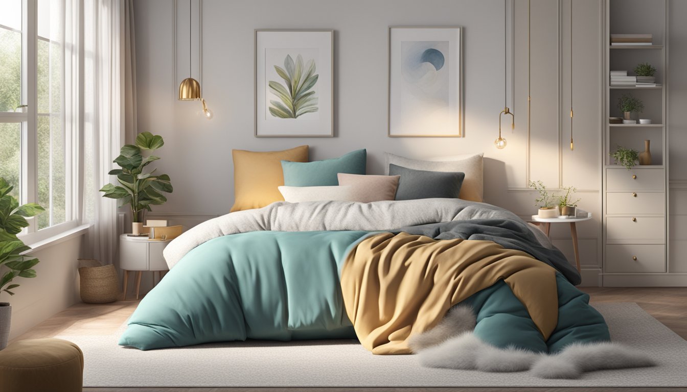 A cozy bedroom with a neatly made bed adorned with a fluffy duvet, surrounded by a variety of duvet options in different colors and materials