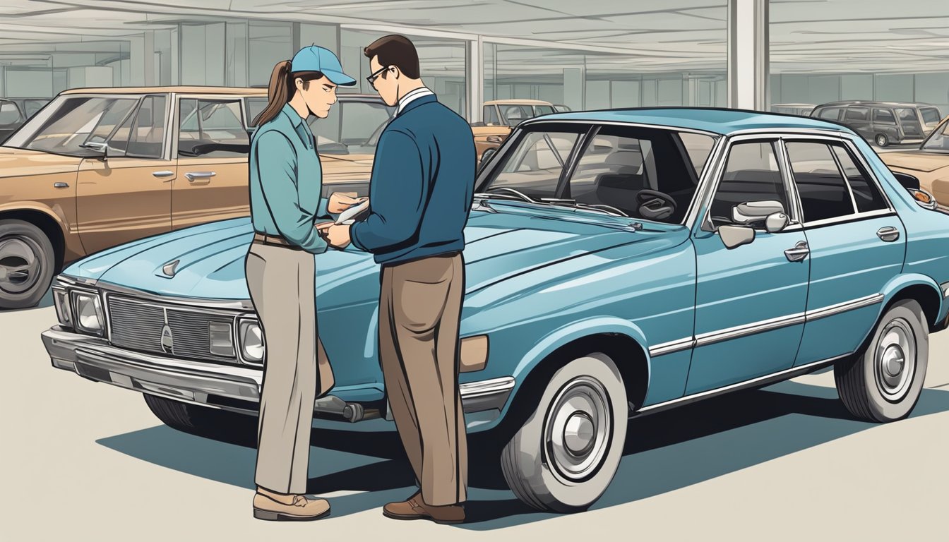 A customer inspects a used car, comparing features and asking questions to the seller. The seller provides information and demonstrates the car's condition