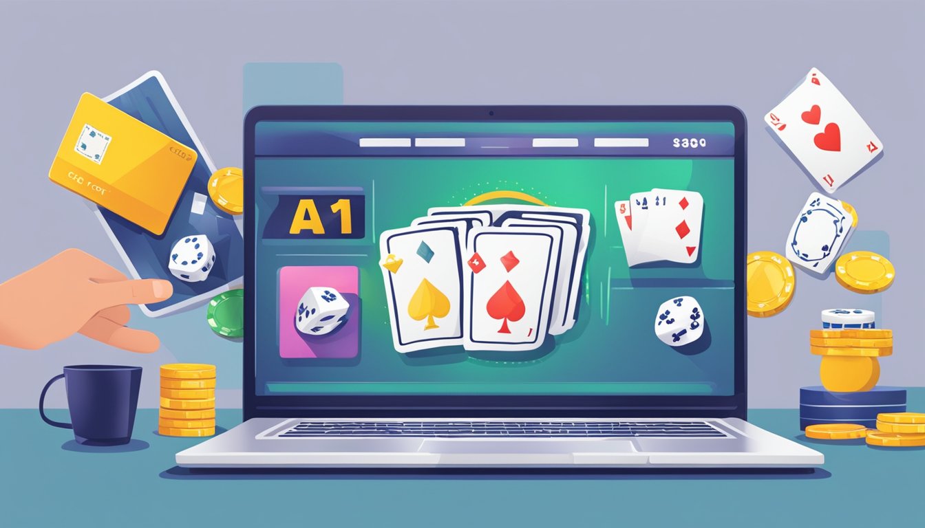 A hand clicks "Add to Cart" on a laptop screen showing a poker set. Credit card sits nearby