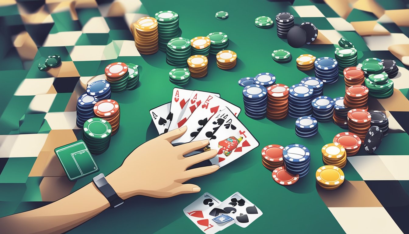 A hand reaches out to select a poker set from a variety of options displayed on a website. The background features a sleek, modern design with a focus on the poker sets