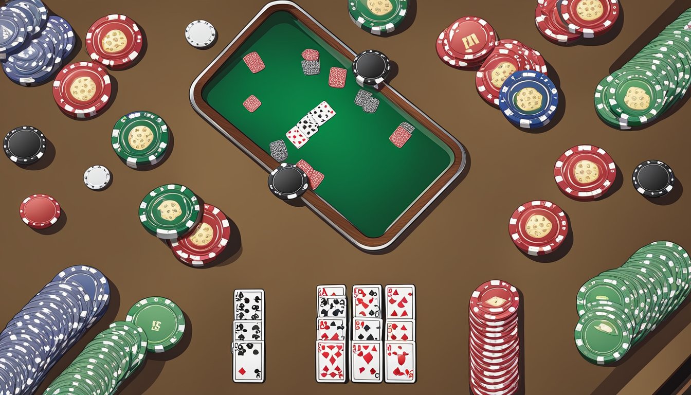 A poker table with a new set of cards, chips, and dealer button arranged neatly, ready for a game