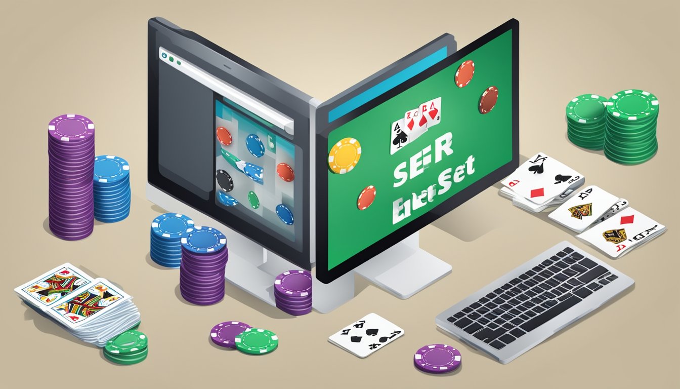 A computer screen displaying a webpage with the title "Frequently Asked Questions buy poker set online" surrounded by poker chips and cards