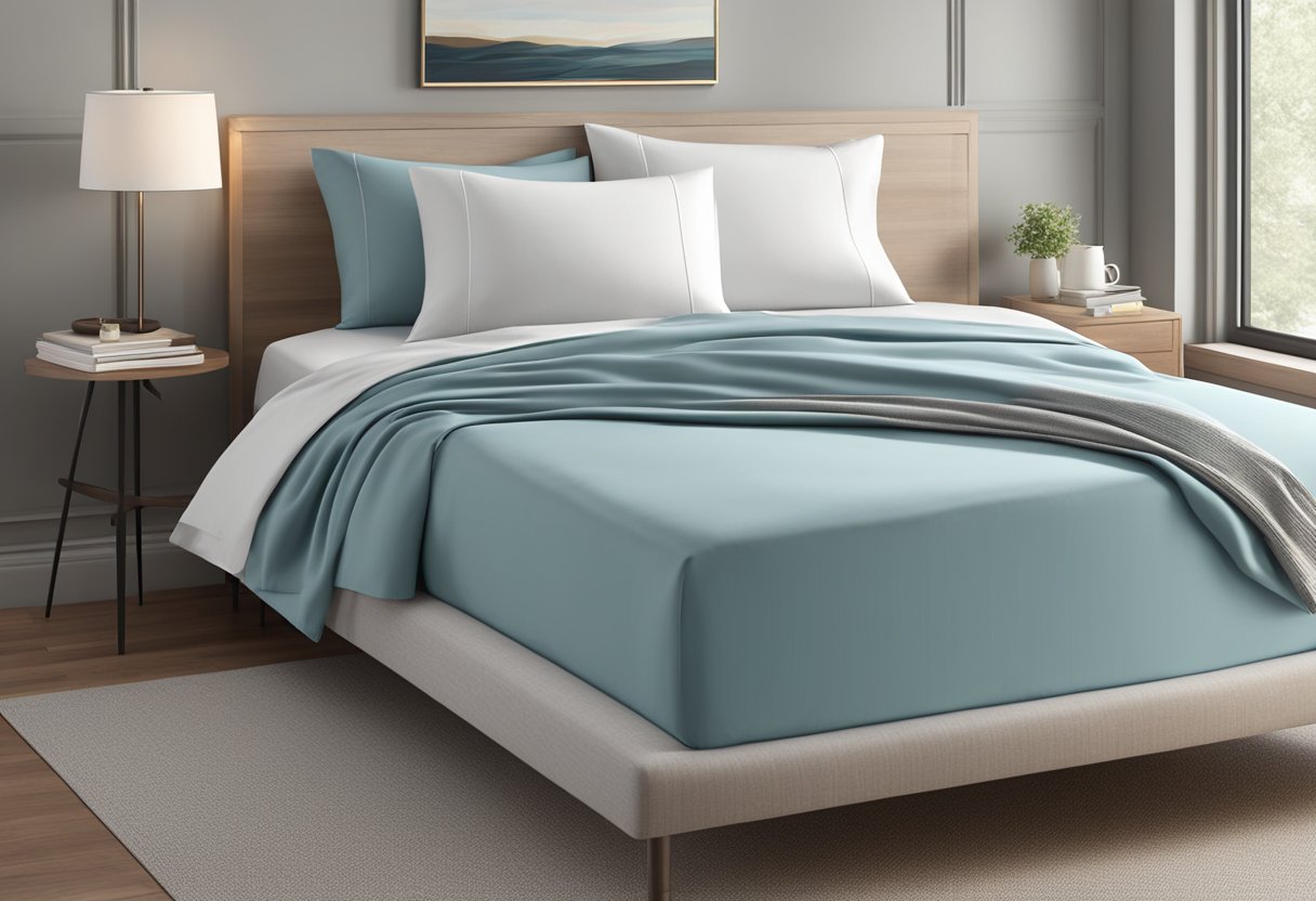 a bed with a neatly made 180 thread count sheet, smooth and wrinkle-free, with a soft sheen under the light