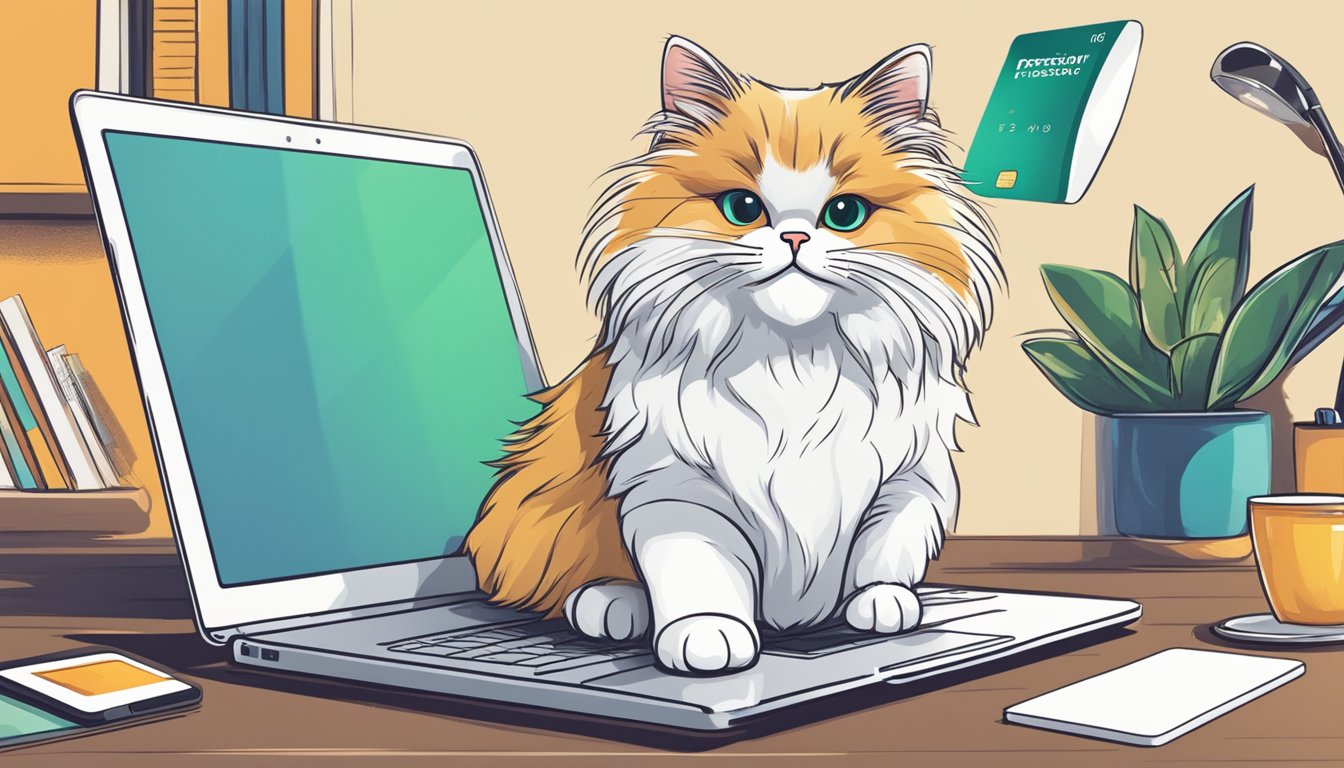 A laptop open to a website with a "Persian cat for sale" ad, a credit card, and a smiling person in the background