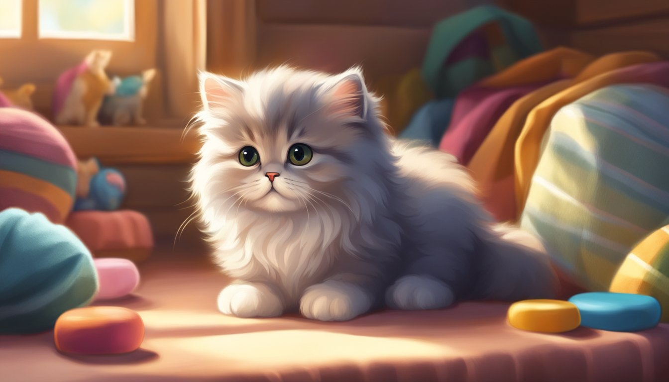 A fluffy Persian kitten sits in a cozy bed, surrounded by toys and soft blankets. Sunlight streams in through a window, casting a warm glow on the adorable feline