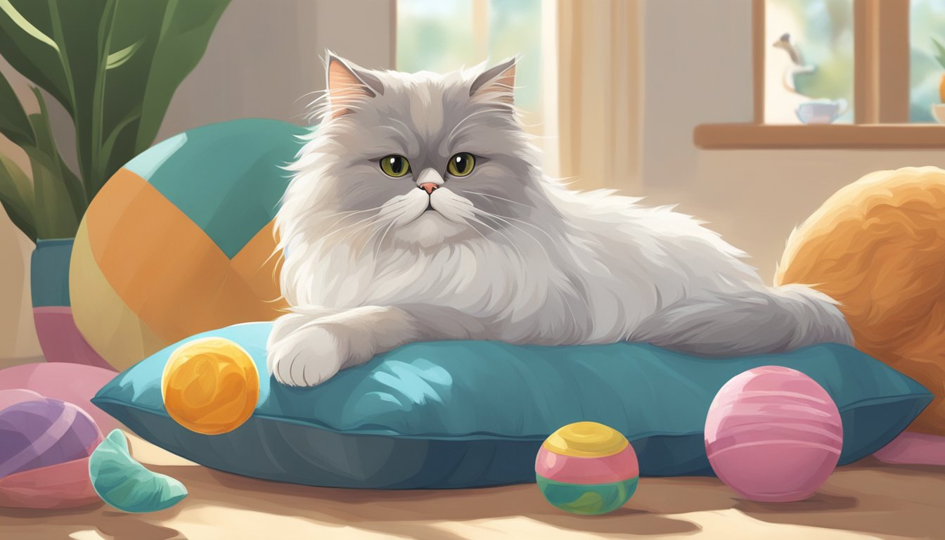 A Persian cat lounges on a plush pillow, surrounded by toys and a bowl of fresh water. The room is filled with soft natural light, creating a peaceful and serene atmosphere