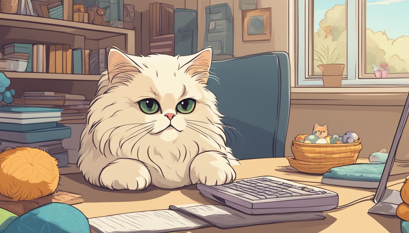 A Persian cat lounges in a cozy, sunlit room, surrounded by plush toys and a bowl of water. A computer screen displays "Frequently Asked Questions buy persian cat online."