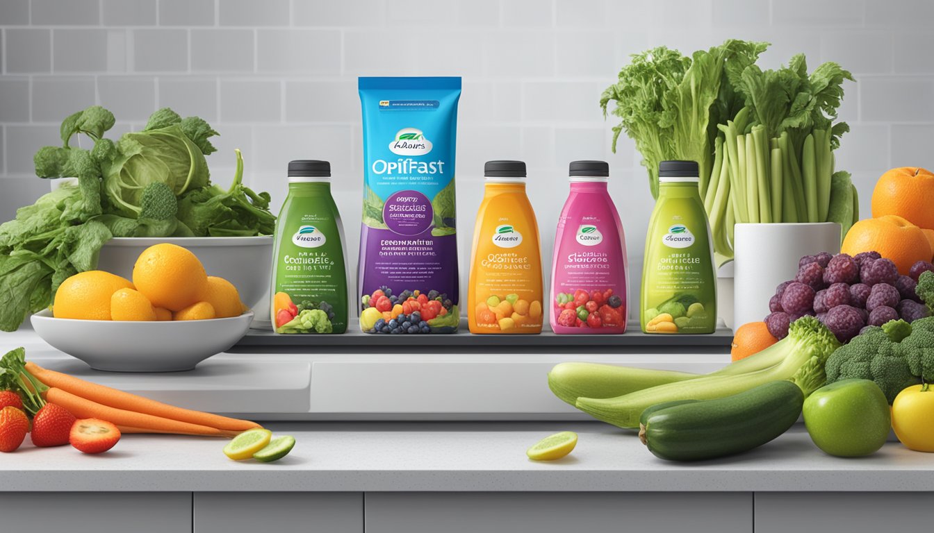 A colorful array of Optifast products displayed on a clean, modern countertop, surrounded by fresh fruits and vegetables. A glowing testimonial quote from a satisfied customer is prominently featured