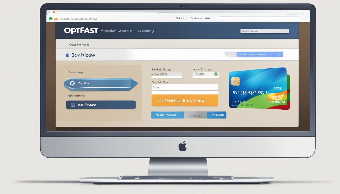 A computer screen displaying the Optifast website with a "buy now" button highlighted. A credit card and shipping address entered on the checkout page