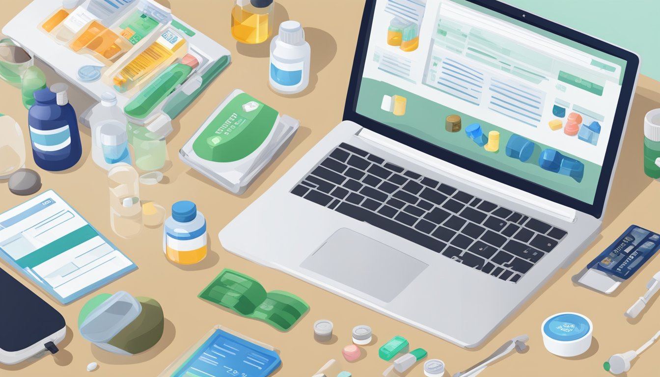 A laptop sits open on a table, showing a website with various vet medicines. A credit card and a small bottle of pills are nearby