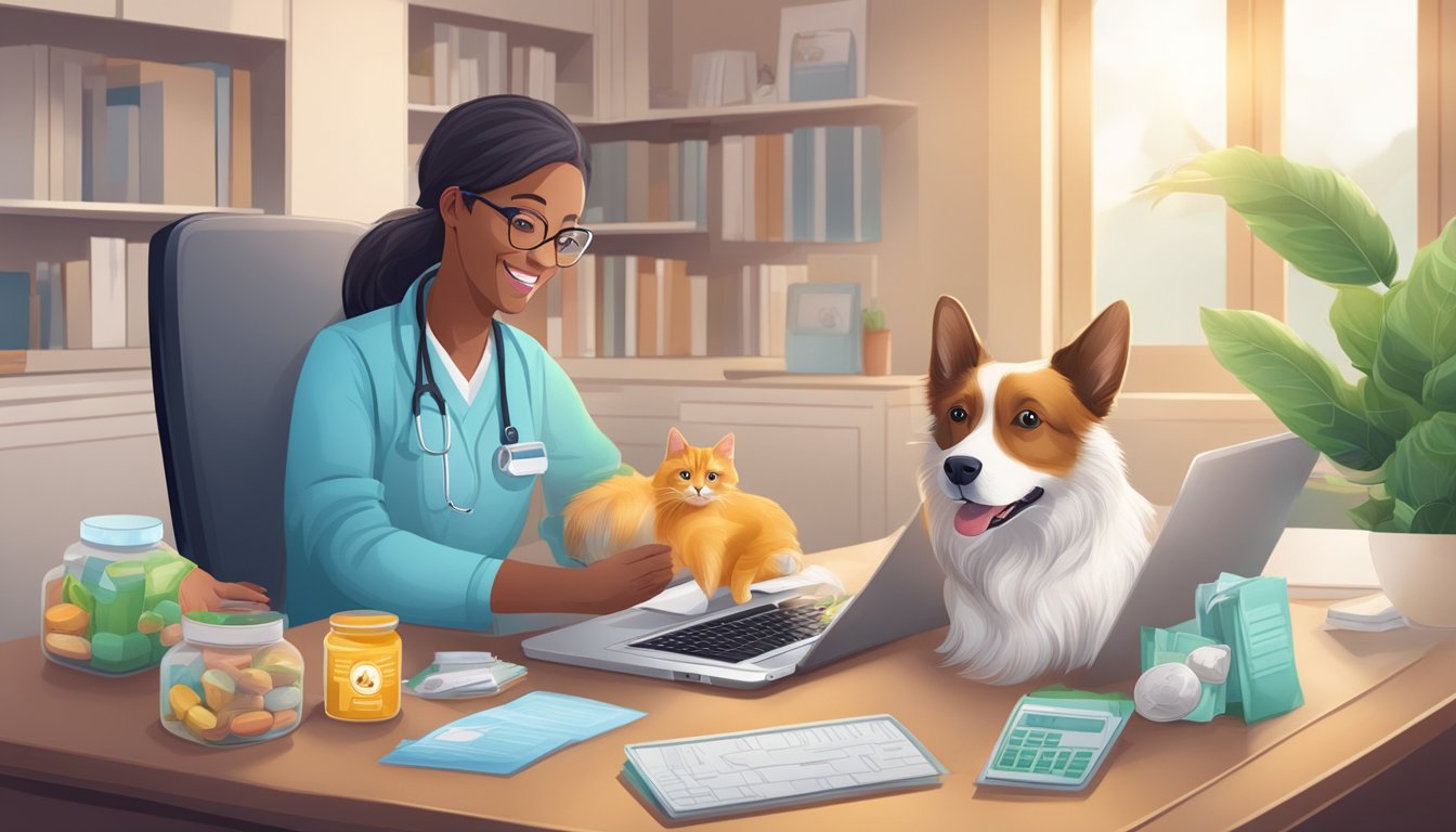 A laptop displaying a variety of vet medicines, a happy pet receiving a package, and a satisfied owner saving time and money