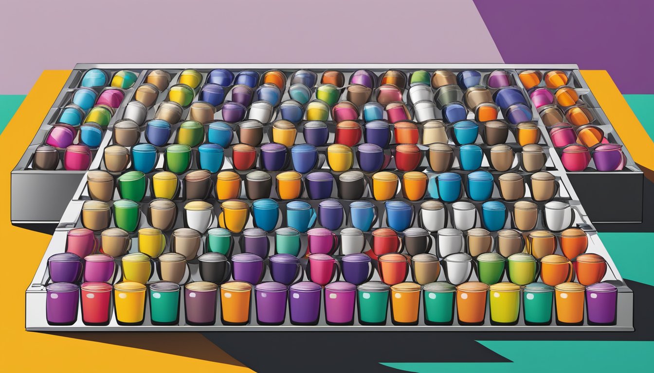 A hand reaches out to a colorful display of Nespresso pods, carefully selecting the perfect one. The pods are neatly arranged in rows, with vibrant packaging and enticing aromas
